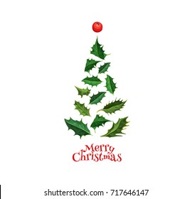 vector realistic spruce tree made from ilex, holly mistletoe leaves with berries - isolated illustration on a white background. Christmas, new year holiday decoration object for your design