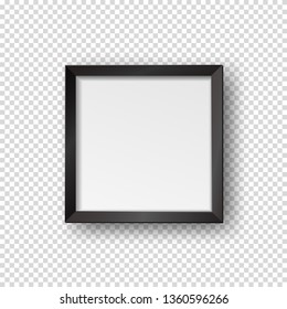 Vector realistic square empty picture frame. Mockup template with black frame boarder isolated on transparent background. 
