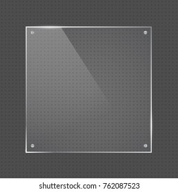 Vector realistic square glossy shape glass frame with small silver nails on transparent background. Glass element for banner design, advertising, web