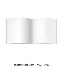 Vector Realistic Square Opened Book, Journal Or Magazine Mockup. Blank Open Pages Of Sketchbook Or Notebook Template For Catalog, Brochure Design 