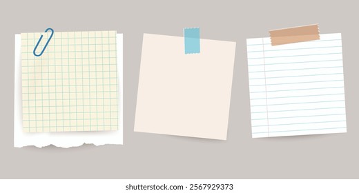 Vector realistic square papers, lined, torn, with adhesive tape, on transparent background. Ready to use.