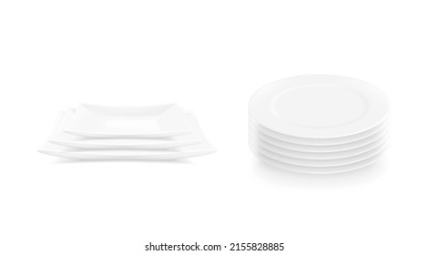 Vector realistic stacks of plates. White porcelain plates in stacks.