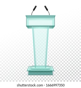 Vector realistic stand for press conference or glassware podium for political speaker. 3d platform with microphone or pedestal on stage or scene. Interior tribune or rostrum with mic. Audience