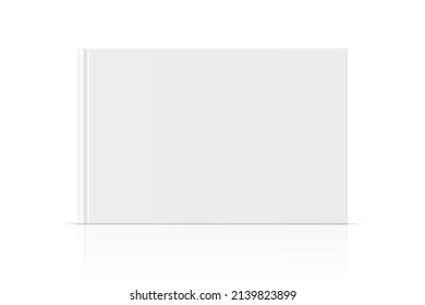 Vector realistic standing 3d book mockup with white blank cover isolated. Closed horizontal hardcover book, catalog or magazine mock up with glossy reflection on white background. Front view.