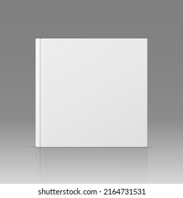 Vector realistic standing 3d book mockup with white blank cover isolated. Closed square hardcover book, catalog or magazine mock up with reflection on gray gradient background. Front view.