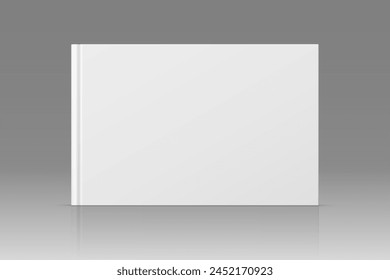 Vector realistic standing 3d book mockup with white blank cover isolated. Closed horizontal hardcover book, catalog or magazine mock up with reflection on gray gradient background. Front view.