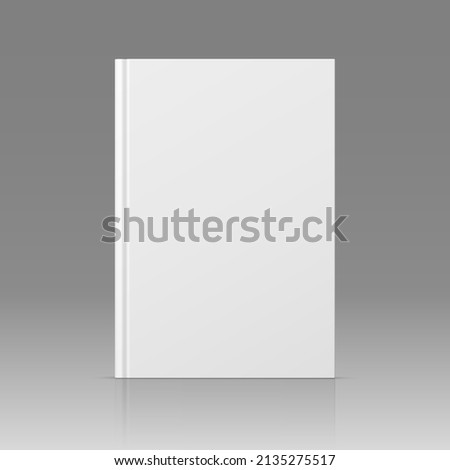 Vector realistic standing 3d book mockup with white blank cover isolated. Closed vertical hardcover book, brochure, catalog or magazine mock up with reflection on gray gradient background. Front view