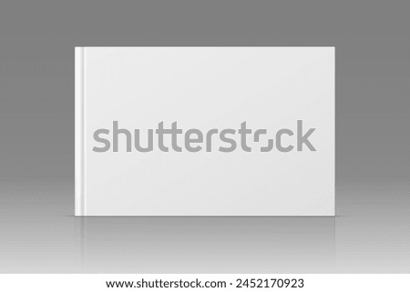 Vector realistic standing 3d book mockup with white blank cover isolated. Closed horizontal hardcover book, catalog or magazine mock up with reflection on gray gradient background. Front view.