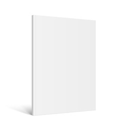Vector Realistic Standing 3d Magazine Mockup With White Blank Cover Isolated. Closed Vertical Paperback Booklet, Catalog Or Magazine Mock Up On White Background. Diminishing Perspective