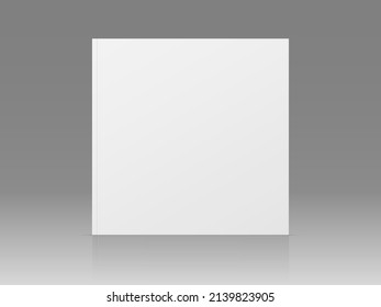 Vector realistic standing 3d magazine mockup with white blank cover isolated. Closed square paperback book, catalog or magazine mock up with reflection on gray gradient background. Front view.