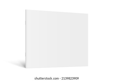 Vector realistic standing 3d magazine mockup with white blank cover isolated. Closed square paperback booklet, catalog or magazine mock up on white background. Diminishing perspective