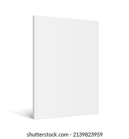 Vector realistic standing 3d magazine mockup with white blank cover isolated. Closed vertical paperback booklet, catalog or magazine mock up on white background. Diminishing perspective