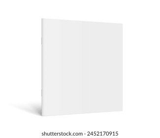 Vector realistic standing 3d magazine mockup with white blank cover. Closed square paperback booklet, catalog or magazine mock up on white background. Diminishing perspective