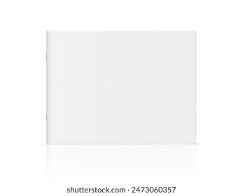 Vector realistic standing 3d magazine mockup with white blank cover isolated. Closed horizontal paperback book, booklet, brochure or magazine mock up with glossy reflection on white background.