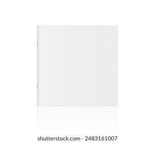 Vector realistic standing 3d magazine mockup with white blank cover isolated. Closed square paperback book, booklet, brochure or magazine mock up with glossy reflection on white background.