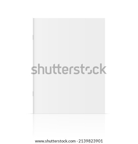 Vector realistic standing 3d magazine mockup with white blank cover isolated. Closed vertical paperback book, booklet, brochure or magazine mock up with glossy reflection on background. Front view.