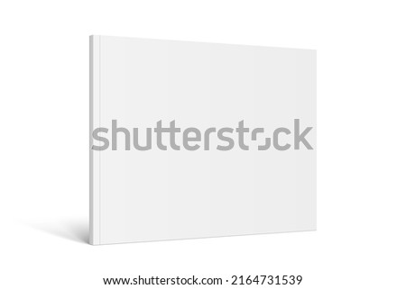 Vector realistic standing 3d magazine mockup with white blank cover isolated. Closed horizontal paperback book, catalog or magazine mock up on white background. Diminishing perspective Foto stock © 