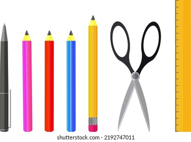 Vector realistic stationery icon set. School and office supplies. Colored Pencils, Eraser, Measuring Ruler Isolated Set Vector.