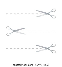 Tijeras de acero realistas vectoriales con línea discontinua sobre un fondo blanco.