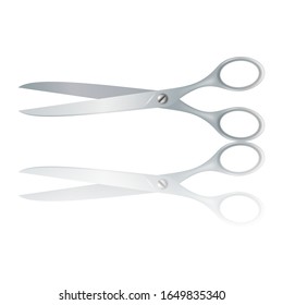 Vector realistic steel scissors with mirror reflection on a white background
