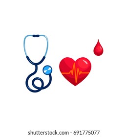 Vector realistic stethoscope, heart, pulse and blood drop set. Illustration isolated on a white background. First aid, ambulance, surgery medicine symbol. Sign of emergency healthcare doctor and nurse