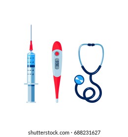 Vector realistic stethoscope, syringe thermometer set. Illustration isolated on a white background. First aid, ambulance, surgery medicine symbol. Sign of emergency healthcare doctor and nurse