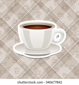 Vector realistic sticker icon with cup of coffee on seamless plaid pattern for print menu and web backgrounds