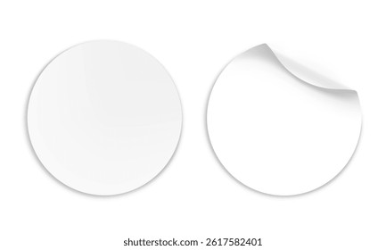 Vector realistic sticky round sticker with curled edges and shadow isolated on transparent background. Mockup of adhesive sticker for design. Label, price tag template.