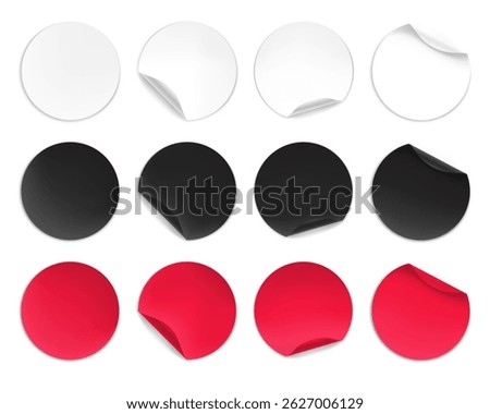 Vector realistic sticky round sticker with curled edges and shadow isolated on transparent background. Mockup of adhesive sticker for design. Label, price tag template.