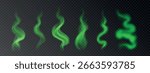 Vector realistic stinky, toxic green smoke. Set of bad smelling fog, haze isolated on transparent backdrop