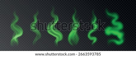 Vector realistic stinky, toxic green smoke. Set of bad smelling fog, haze isolated on transparent backdrop