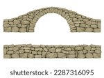 Vector realistic stone arch ancient bridge made of boulders. Retaining wall or fence