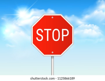 Vector realistic stop traffic sign with blue sky with sun and clouds in the background