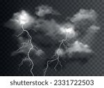 Vector realistic stormy clouds with lightning effects isolated on dark background