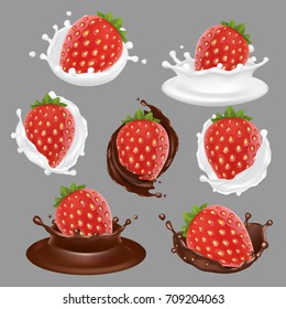 Vector realistic strawberry with chocolate, whipped cream and yogurt icon set. Sweet fruit and milk dessert brand advertising templates.
