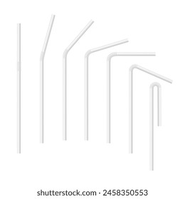 Vector realistic straws for drinks, cocktails. Set of white drinking straws with corrugated, for template.