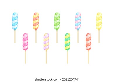 Vector realistic striped spiral lollipops set. Collection of nine illustrations of three-dimensional swirl colorful glossy candies on sticks