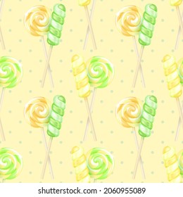 Vector realistic striped swirl lollipops seamless pattern. Three-dimensional swirl colorful glossy candies on sticks on a yellow background with green dots