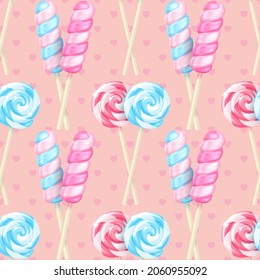 Vector realistic striped swirl lollipops seamless pattern. Three-dimensional swirl colorful glossy candies on sticks on a pink background with hearts