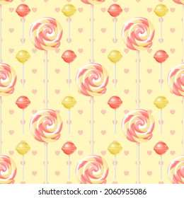 Vector realistic striped swirl and spherical lollipops seamless pattern. Three-dimensional swirl colorful glossy candies on sticks on a yellow background with red hearts