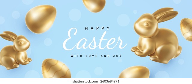Vector realistic style pattern design with golden bunny and egg on color background with word Happy Easter. 3d holiday illustration with shine cartoon golden egg and rabbit for easter hunt banner