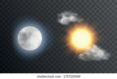 Ilustración de sol y luna de estilo vectorial realista con nubes sobre fondo oscuro