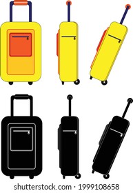 Vector realistic suitcase set. Yellow and Black detailed rolling suitcase, roller aboard, cabin luggage. Trolley case, flight bag on wheels for business trip, travel. Front and side view