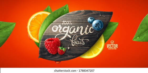 Vector realistic summer fruit template. Leaf shaped wood, leaves and fruits.