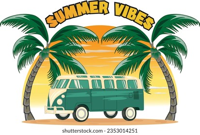 verano vectorial realista con ilustración de van y palmas