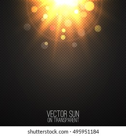 Vector realistic sun on transparent . Abstract warm light and rays with bokeh . Glowing light effect with sparkles . Nature object . Sunshine design . Solar lens flare illustration 