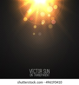 Vector realistic sun on transparent . Abstract warm light and rays with bokeh . Glowing light effect with sparkles . Nature object . Sunshine design . Solar lens flare illustration 