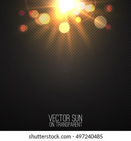 Vector realistic sun on transparent . Abstract warm light and rays with bokeh . Glowing light effect with sparkles . Nature object . Sunshine design . Solar lens flare illustration 
