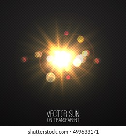 Vector realistic sun on transparent . Abstract warm light and rays with bokeh . Glowing light effect with sparkles . Nature object . Sunshine design . Solar lens flare illustration 