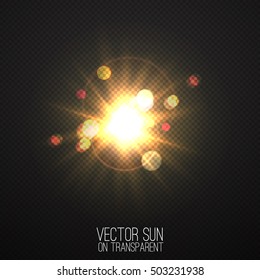 Vector realistic sun on transparent . Abstract warm light and rays with bokeh . Glowing light effect with sparkles . Nature object . Sunshine design . Solar lens flare illustration 
